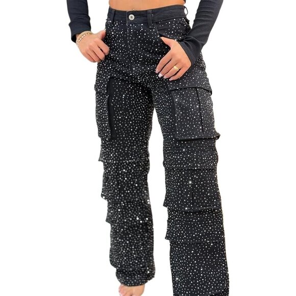Pants - Women's Rhinestone Cargo Jeans High Waist Baggy Wide Leg Denim Pants